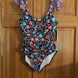 Anne Cole Blue and Pink Floral One Piece Swimsuit w/ wrap around skirt.